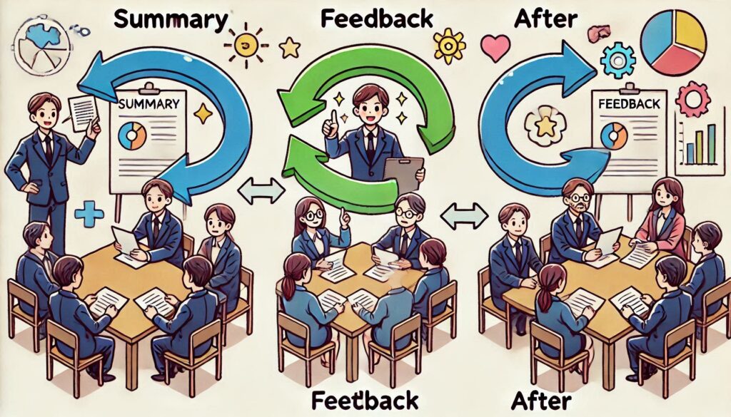 ChatGPT「summary」→「feedback」→「After」の流れを矢印で示した3コマ漫画