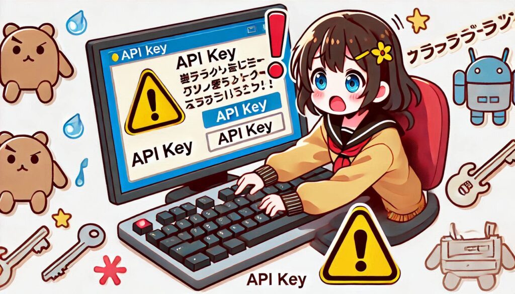 APIキーをファイルに直書きしてしまい、警告マークが出ているイラスト