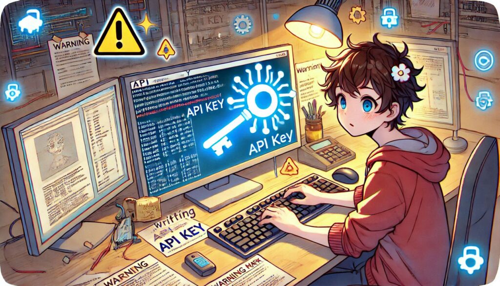 APIキーをファイルに直書きしてしまい、警告マークが出ているイラスト