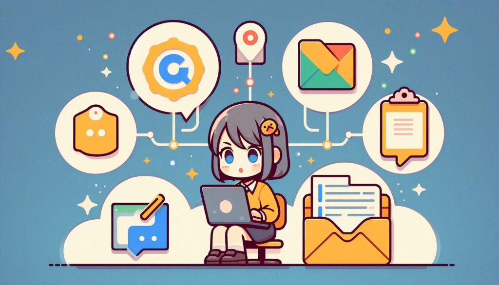 ChatGPTの吹き出しとNotionやGoogle Docsのアイコンを組み合わせたイラスト