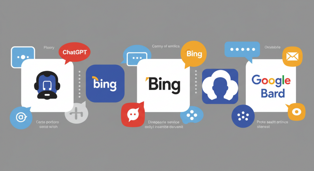 ChatGPT, Bing, Bardなどのアイコンを並べ、それぞれの長所短所